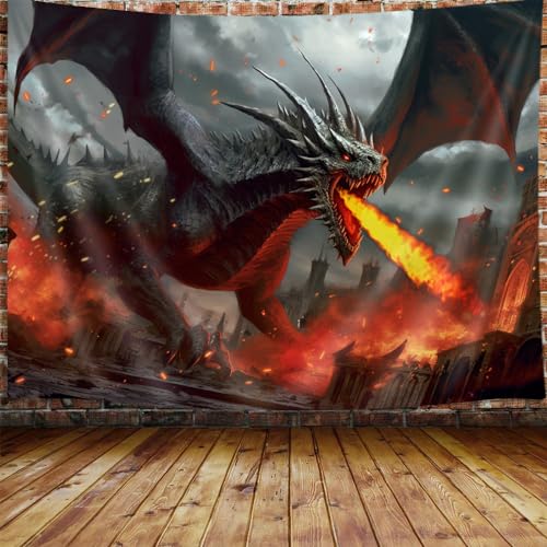 JAWO Fantasy World Wandteppich, mittelalterlicher roter Drache und menschlicher Krieg, Mythologie, Themenkunst, Heimdekoration, Wanddekoration (80 B x 60 H) von JAWO