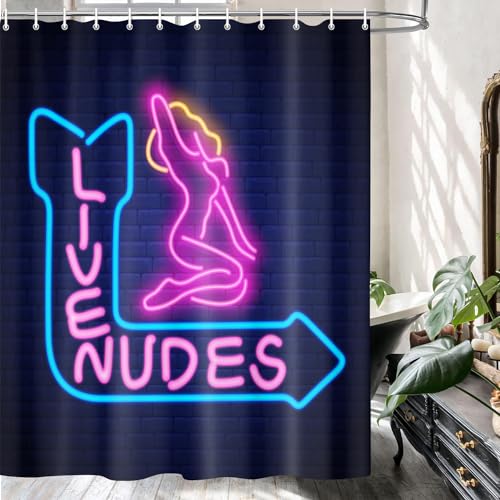 JAWO Funny Live Nudes Duschvorhang Badezimmer-Dekor, Neonschild mit sexy Mädchen, blau-violett, Badezimmer-Vorhang, Stoff-Duschvorhang-Sets mit Haken, 175,3 x 177,8 cm von JAWO