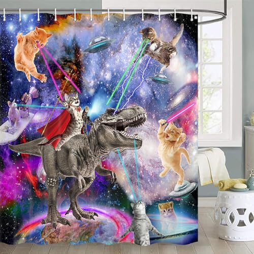 JAWO Katzen-Duschvorhang, coole lustige Katze reitender Dinosaurier auf Fantasy-Galaxie, lustiger Duschvorhang, lustiger Weltraum-Universum, Jungen, Kinder, Duschvorhang, Badezimmer-Dekor-Set mit von JAWO