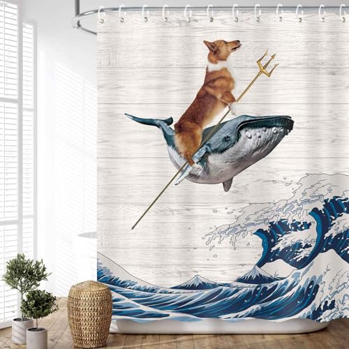 JAWO Lustiger Corgi-Hunde-Duschvorhang, The Corgi reitet einen Wal auf Wellen, rustikaler Holzbrett-Hintergrund, Ozeanwellen-Stoff, Duschvorhang-Set mit Haken, 175 x 178 cm (B x L) von JAWO
