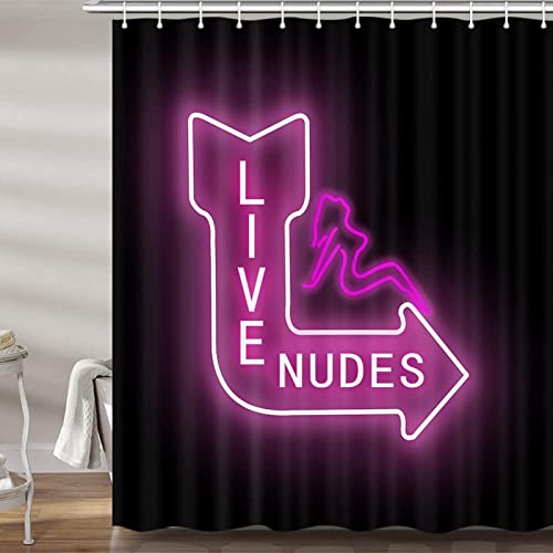 JAWO Lustiger Duschvorhang für Badezimmer, lustige rosa Neonschilder Live Nudes Stoff-Duschvorhänge-Set, einzigartiges sexy Mädchen-WC-Dekor-Zubehör mit Haken, 183 x 183 cm von JAWO