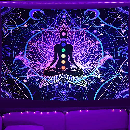 JAWO Schwarzlicht-Wandteppich mit sieben Chakren, UV-reaktiv, Yoga, Meditation, Zen-Dekor, Wandbehang, Hippie-Mandala, Boho, spirituelle Wandteppiche, leuchtet im Dunkeln, ästhetische Dekoration, von JAWO