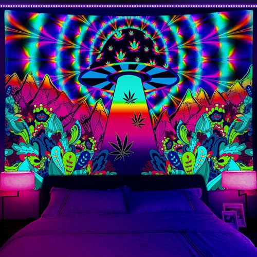 JAWO Trippy Schwarzlicht-Wandteppich, psychedelischer Pilz, florales Fantasie-Berg, UV-Wandteppich, Natur-Wandteppich, Schwarzlicht, Poster, bunter Hintergrund, Wohnzimmer, 60x40 cm von JAWO