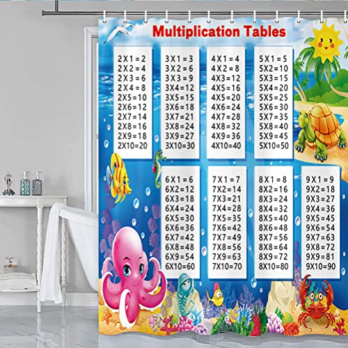Mathematik-Multiplikationstisch-Duschvorhang für Kinder, pädagogische Berechnung, Cartoon, Meerestiere, Arbeitszimmertisch, buntes Lerndiagramm, Lernwerkzeug, Badezimmervorhänge mit Haken, 175x178 cm von JAWO
