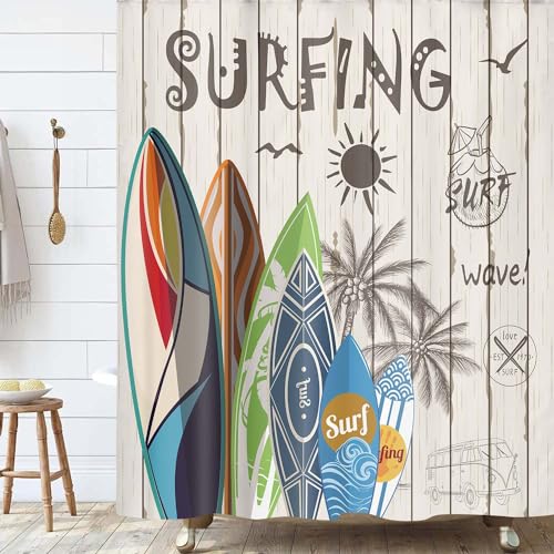 Summer Surfen Duschvorhänge, tropische Surfbrett-Palme auf Beige, rustikale Holzplanke, Strand-Duschvorhang für Badezimmer, Dekoration, Polyester-Stoff, wasserdicht, 175.3 x 177.8 cm von JAWO