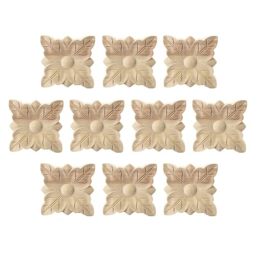 10pcs Holz Geschnitzte Applikation, Carving Checkered Applique Unlackiert Aufkleber für Möbel Dekoration Natürliche Holzapplikationen Platz Blume Carving Decals Dekorative Holz Handwerk von JAWSEU