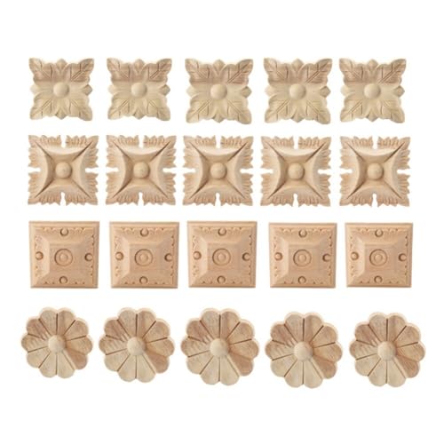 20pcs Holz Geschnitzte Applikation, Carving Checkered Applique Unlackiert Aufkleber für Möbel Dekoration Natürliche Holzapplikationen Platz Blume Carving Decals Dekorative Holz Handwerk von JAWSEU