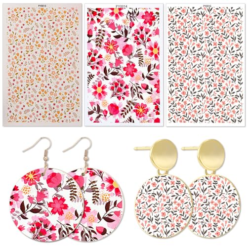 3 Stück Transferpapier für Polymerton, Blumenblüten Polymer Ton Transferblätter für Ton-Ohrringe romantische Blumen Polymer Ton Transferblätter für Schmuck Ohrringe Schmuckherstellung von JAWSEU