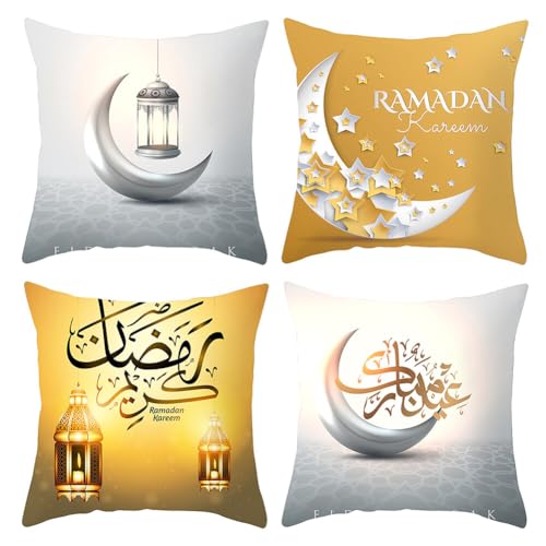 4 Stücke Ramadan Kissenbezug, Ramadan Wurfkissenbezüge Eid Mubarak Kissenhülle Goldene Mond Laterne Muster Eid Ramadan Wurfkissenbezüge Dekokissenbezug Sofakissen für Sofa Auto Bett Dekor von JAWSEU