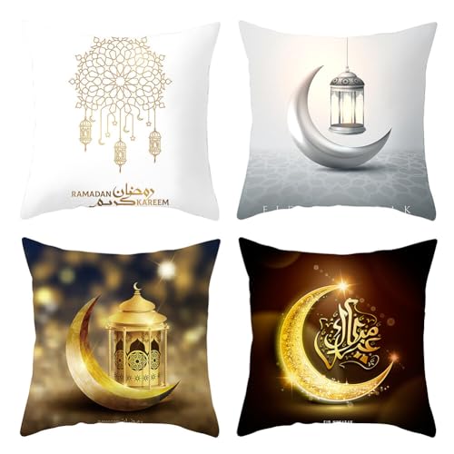 4 Stücke Ramadan Kissenbezug, Ramadan Wurfkissenbezüge Eid Mubarak Kissenhülle Goldene Mond Laterne Muster Eid Ramadan Wurfkissenbezüge Dekokissenbezug Sofakissen für Sofa Auto Bett Dekor von JAWSEU