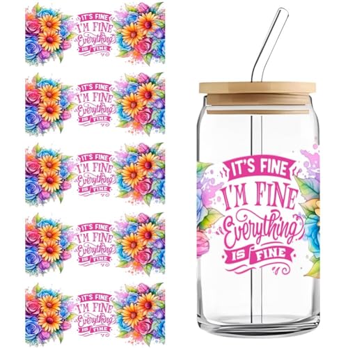 5 Blätter UV DTF Transfer Sticker, Rub on Sticker Transferaufkleber für Glasbecher Wasserfeste DTF Cup Wrap DTF Becherverpackung Abziehbilder für Glasmöbel Handgefertigtes Kunsthandwerk von JAWSEU