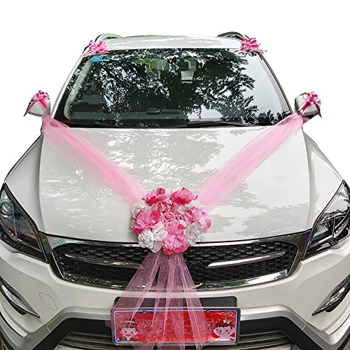 Autoschmuck Hochzeit Motorhaube, Hochzeit Braut Paar Blumen Rose Deko Auto Bow Bogen Schleife Autoschleife Dekoschleife Auto Dekor Hochzeit Auto Wedding Deko Girlande für Hochzeit Party von JAWSEU