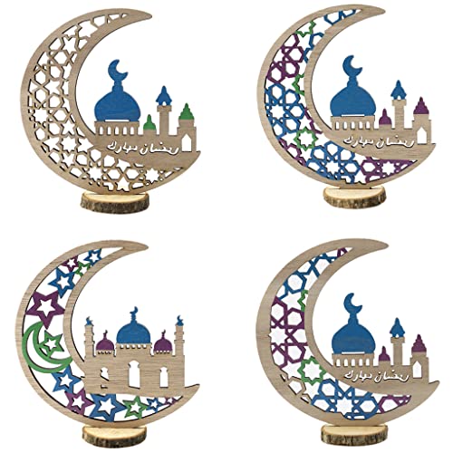 JAWSEU 4PCS Holz Tischdeko Mond Ramadan, Mondstern Ramadan Dekoration, Ramadan Tisch Schild Dekoration für Fröhliches Eid Mubarak Ramadan Haus Tisch Handwerk Geschenk von JAWSEU