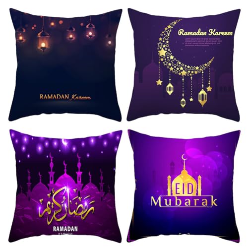 JAWSEU 4er Set Ramadan Kissenbezug, 45x45cm Eid Mubarak Zierkissenbezüge Eid Mubarak Werfen Kissen Kissenhülle Bezug Muslim Quadratisch Wurfkissenbezüge Sofakissen Dekokissen für Sofa Wohnzimmer von JAWSEU