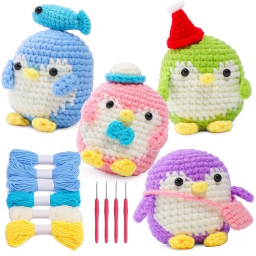 JAWSEU 4pcs Häkelset für Anfänger, Pinguin Häkeltiere Set Strickset mit Häkelnadeln, Garn, Schritt für Schritt Anleitungsvideo, Häkel Strick Kit für Anfänger Erwachsene DIY-Handwerkskunst von JAWSEU