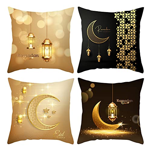 JAWSEU 4pcs Ramadan Kissenbezug, Ramadan Quadratische Dekokissen Eid Mubarak Kissenhülle Sofakissen Stern Mond Laterne Muster Eid Ramadan Wurfkissenbezüge Dekokissenbezug für Sofa Auto Bett 45x45 cm von JAWSEU