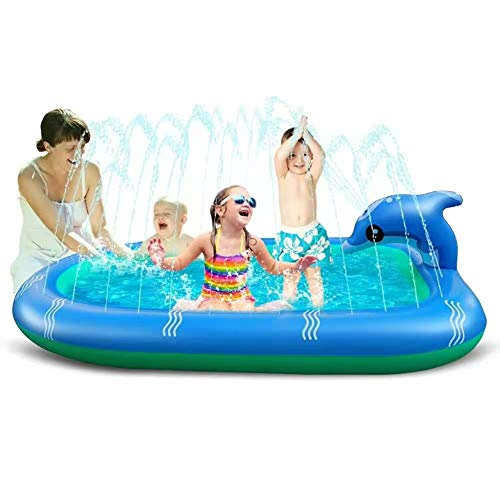 JAWSEU Aufblasbarer Pool, Pool Rechteckiger für Kinder, Aufblasbares wasserspielcenter, Wasser-Kinderbecken mit Delphinspray Wassersprinkler, Blau 110x90cm von JAWSEU