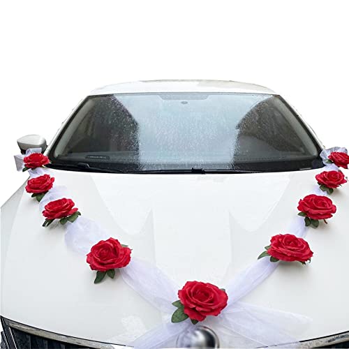 Autoschmuck Hochzeit, Hochzeit Deko Hochzeit Auto Dekoration Künstliche Weiß Rosen Blumen Auto Motorhaube deko Hochzeit Dekoband künstliche Rosen Hochzeit Car Auto Wedding Deko Ratan Girlande von JAWSEU