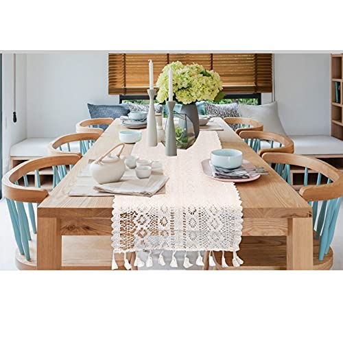 JAWSEU Beige Boho Makramee Tischläufer,Handgemachte Häkelspitze Tischläufer Rechteckige Hohle Mesh Tischdecke für Hochzeit Tischdekoration Dekor Braut & Baby Dusche Bauernhaus Tabletop Dekor von JAWSEU
