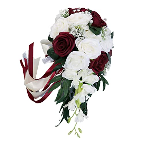 JAWSEU Brautstrauß Braut Brautjungfern Blumensträusse Hochzeit Rosen Strauß Blumenstrauß künstlicher Rosenstrauß Bouquet Deko, Wasserfall Künstliche Rosenblüten mit Schleife, Tischdekoration von JAWSEU