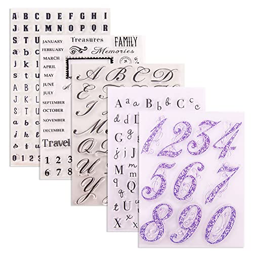 JAWSEU Clear Stamp Alphabet Zahlen, 5 Blätter Silikonstempel Alphabet Stempelset, Clear Stempel Set, Monat Clear Stamps für DIY Journal Scrapbooking Fotoalbum Kinder Stempelset von JAWSEU