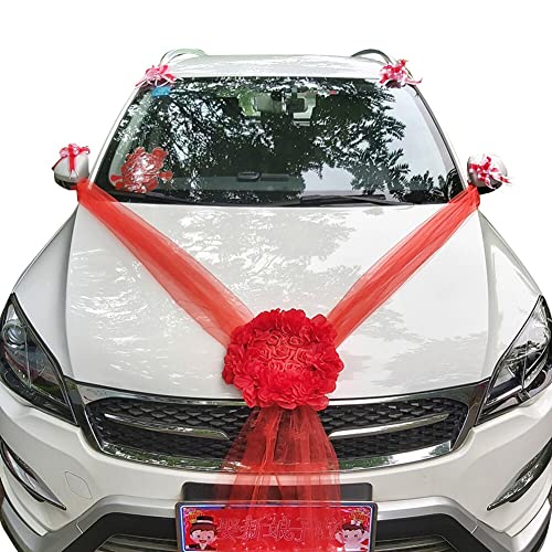 Autoschmuck Hochzeit Motorhaube, Hochzeit Braut Paar Blumen Rose Deko Auto Bow Bogen Schleife Autoschleife Dekoschleife Auto Dekor Hochzeit Auto Wedding Deko Girlande für Hochzeit Party von JAWSEU