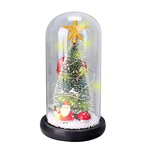 JAWSEU Weihnachtsbaum in Glaskuppel auf Holzsockel, Mini Weihnachtsbaum mit LED-Lichterkette, Desktop-Dekoration für Party Hochzeit Valentinstag Heimdekoration von JAWSEU