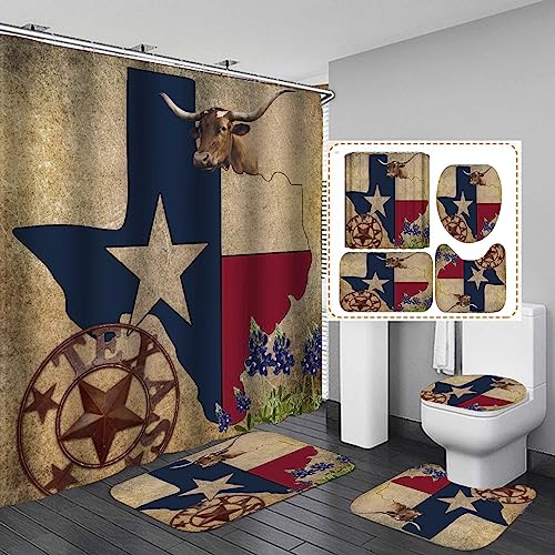 Jayden & Madge 4 Stück/Set Western Duschvorhang, Vintage Braun Scheune Stern Texas Karte Texas Flagge Lone Star Farm Tier Rustikal Landhaus Badezimmer Dekor rutschfeste Badvorleger Kuh und Blume von JAYDEN MADGE MAKE YOUR HOME SWEETER