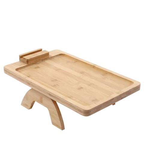 JAYEUW Sofatablett Moderne Sofatablett aus Bambus Faltbares Couch Getränkehalter Sofa Tablett Natürlicher Bambus Couch Becherhalter mit 360°Drehbarem Handy-Halter (Holzfarbe) von JAYEUW