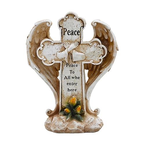 JAYIOLA Skulptur mit Kreuz Und Turteltauben, Grabstein Ornament für Blumenbeet, Mehrfarbig, Gelbe Blume von JAYIOLA