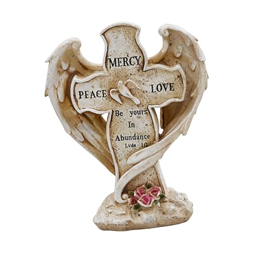 JAYIOLA Skulptur mit Kreuz Und Turteltauben, Grabstein Ornament für Blumenbeet, Mehrfarbig, Pinke Blume von JAYIOLA