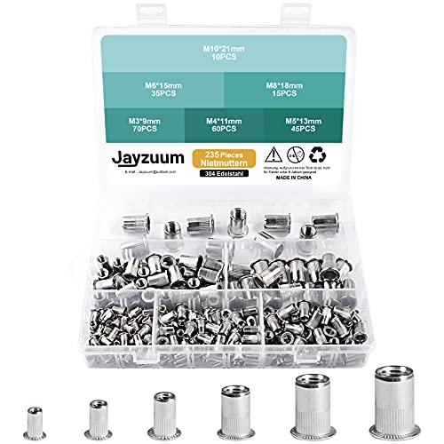 Jayzuum 235 Stück Nietmuttern Sortiment Set, M3 M4 M5 M6 M8 M10 A2-70 Edelstahl Zugnietmutter Rivet nuts Muttern mit Aufbewahrungsbox (breit) (235 Stück Nietmuttern) von JAYZUUM