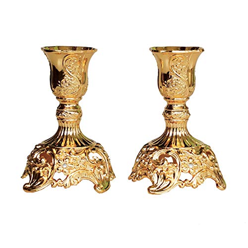 JAZPlayer Goldfarbene Kerzenhalter mit luxuriösem graviertem Design, Set mit 2 hochwertigen goldenen Kerzenhaltern (Gold) von JAZPlayer