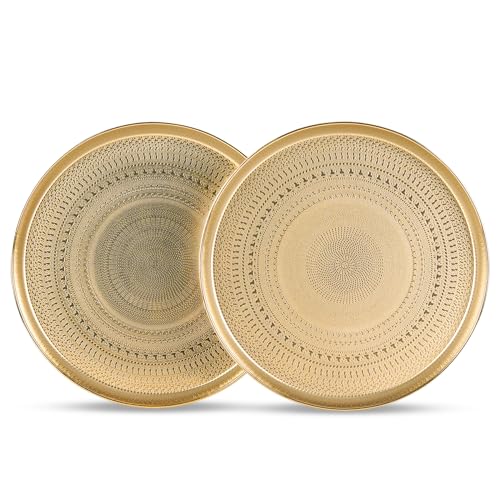 JAZUIHA Deko Tablett Rund 2er Set, Dekoschale Gold aus Metall, Dekorative Tablett Ø 34 cm, Goldener Serviertablett mit hoher Rand mit VIntage Prägung Design JAZUIHA Deko Tablett Rund 2er Set, Dekoschale Gold aus Metall, Dekorative Tablett Ø 34 cm, Goldener Serviertablett mit hoher Rand mit VIntage Prägung Design von JAZUIHA