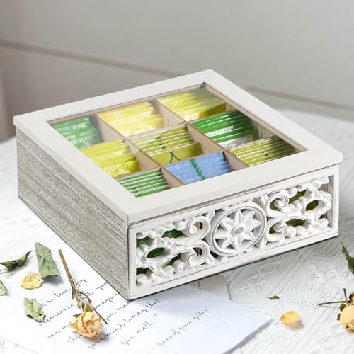 JAZUIHA Vintage Teebox - Teebeutel Aufbewahrungsbox aus Holz - Teebeutelbox mit Sichtfenster - Teekiste 9 Fächer - Shabby Weiß Teeaufbewahrung Teebeutelspender - Geschenk für sie von JAZUIHA