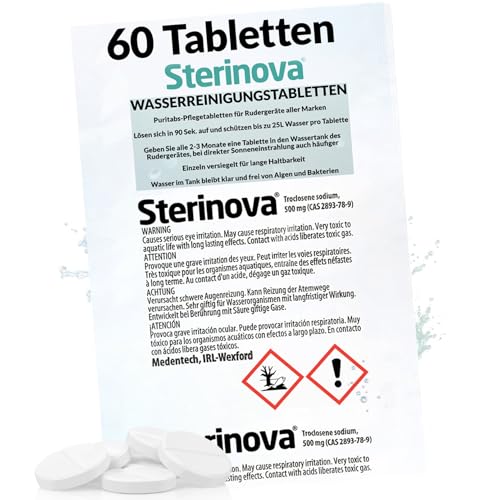 JB White Puritabs Sterinova 60x Wasser Rudergerät Tabletten gegen Algen, extra konzentriert, Chlortabletten zB geeignet für WaterRower, SportPlus, Skandika Wasserrudergerät (10 x 6) von JB White