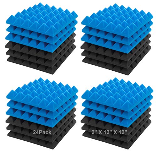 JBER Akustische Schallschaumplatten, 24 Stück 5 x 30 x 30 cm Holzkohle Schallschutzbehandlung Studio Wandpolsterung Schallabsorbierende feuerfeste Pyramiden Wandplatte (Schwarz und Blau) von JBER