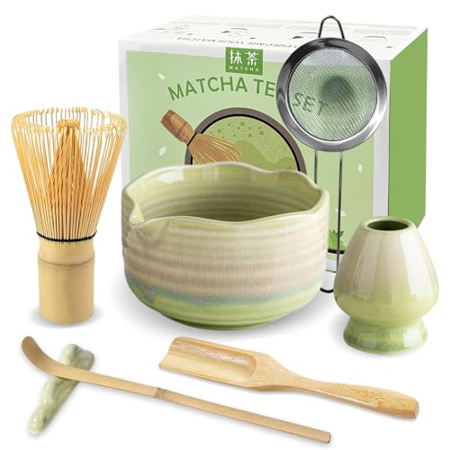 JBER Matcha Besen Set, Matcha Set - Bambus Matcha Whisk, Matcha Schale mit Auslauf, Matcha Besen Halter, Sieb, Löffel und Halter, Japanisches Matcha Kit für Matcha-Liebhaber, Farbverlauf Gelb-Grün von JBER