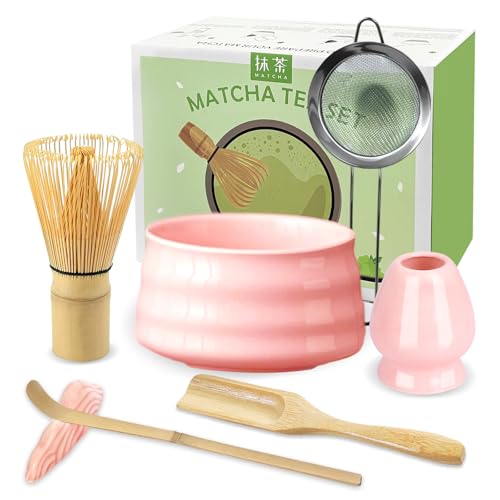 JBER Matcha Set Pink, Matcha Tee Set 7-Teiliges - Matcha Besen und Besenhalter, Matcha Schale aus Keramik, Sieb, Matcha Löffel und Halter, Japanisches Matchabesen Set für Matcha-Liebhaber JBER Matcha Set Pink, Matcha Tee Set 7-Teiliges - Matcha Besen und Besenhalter, Matcha Schale aus Keramik, Sieb, Matcha Löffel und Halter, Japanisches Matchabesen Set für Matcha-Liebhaber von JBER