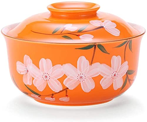 6,5-Zoll-japanische keramische RAM-Schüssel mit Deckel süß handgemalte Kirsche instant Nudelschale Frühstückssuppe Schüssel 700ml Salatschüssel Retro Geschirr (Farbe : Orange) von JBKNAN