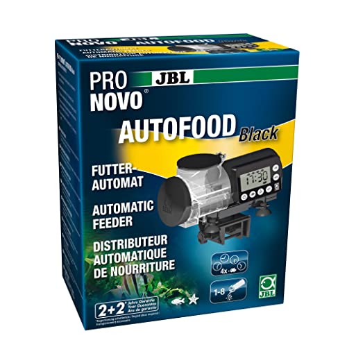 JBL PRONOVO AUTOFOOD, Futterautomat für Aquarium, Fütterung mit Fischfutter-Granulat bis zu 4x täglich, Inkl. Halterung und Adapterring zur Erweiterung des Volumens auf 375 ml, Schwarz von JBL