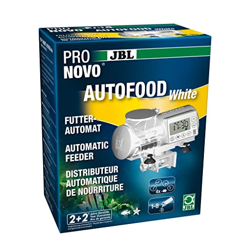 JBL PRONOVO AUTOFOOD, Futterautomat für Aquarium, Fütterung mit Fischfutter-Granulat bis zu 4x täglich, Inkl. Halterung und Adapterring zur Erweiterung des Volumens auf 375 ml, Weiß von JBL