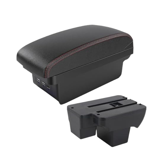 JBPIHZT Für VW Für Polo 2020 2021 2022 2023 2024 Armlehnenbox Nachrüst-Aufbewahrungsbox Nachrüstteile(B1 Schwarz rot 3USB) von JBPIHZT