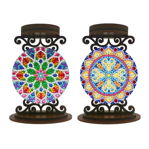 2 Stück DIY Diamantkunst Kerzenhalter aus Holz, doppelseitiges Mandala-Design, speziell geformtes Diamantgemälde, Tischornamente, Bastelständer für Aroma, Entspannung und Heimdekoration von JBTM24