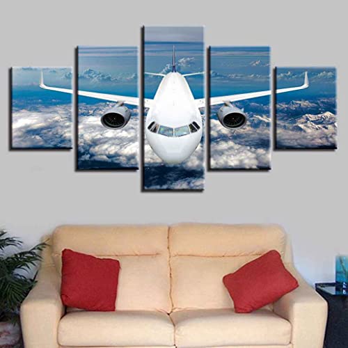 JBUTXE 5-teiliges Wandbild, Weißes Flugzeug in der Luft Kunstdruck auf Leinwand 5 aufeinanderfolgende Gemälde HD Poster Kunst Wanddekoration Moderne Dekoration für Zuhause 150x80cm (B x H) von JBUTXE