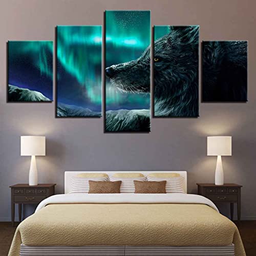 JBUTXE Leinwand Bilder Grüner Polarlichter Wolf Leinwandbild, auf Leinwand Gedrucktes Kunstwerk 5-teilig, Foto auf Leinwand für Wanddekoration Design Wohnzimmer Wohnkultur (Kein Rahmen) 200x100cm (B x von JBUTXE