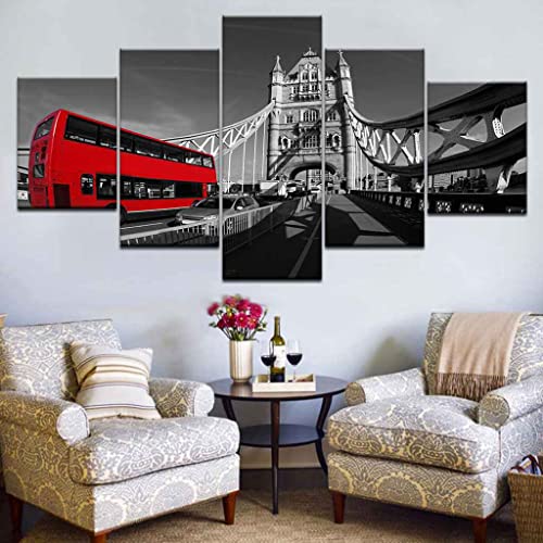 JBUTXE Leinwand Bilder Roter Bus in der Londoner Straße Leinwandbild, auf Leinwand Gedrucktes Kunstwerk 5-teilig, Foto auf Leinwand für Wanddekoration Design Wohnzimmer Wohnkultur (Kein Rahmen) 200x10 von JBUTXE