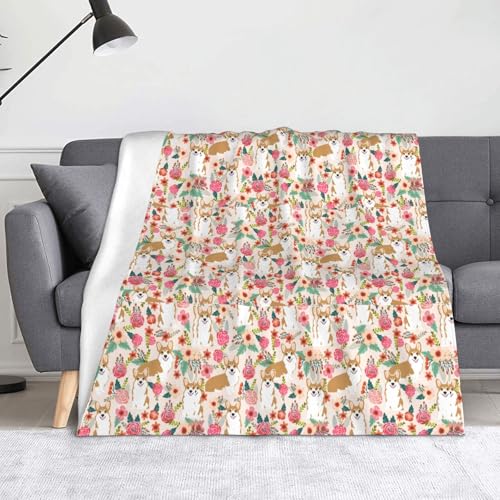 JBYJBX Corgi Flanell-Überwurfdecke mit Blumenmuster, Frühlingsgarten, Anti-Pilling, leicht, für Reisen, Zuhause, Dekoration, Geschenke von JBYJBX