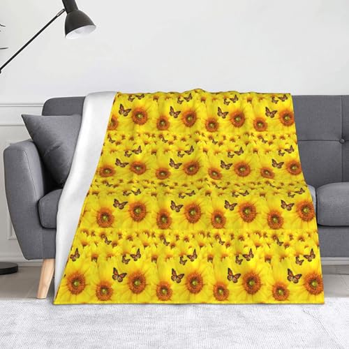 JBYJBX Flanell-Überwurfdecke mit gelben Blumen, Schmetterlingen, Anti-Pilling, leicht, für Reisen, Zuhause, Dekoration, Geschenke von JBYJBX