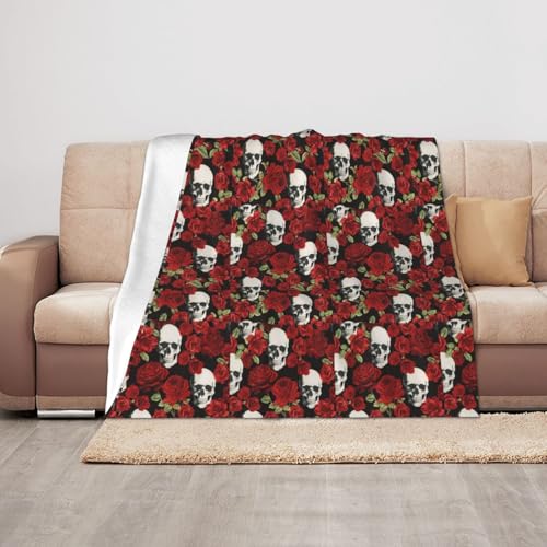JBYJBX Leichte Flanelldecke mit Rosen-Totenkopf-Druck, für Sofa, Bett, Camping, Reisen, Weihnachten, Überwurf, Decke, Geschenk von JBYJBX